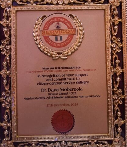 SERVICOM: NIMASA BAGS AWARD OF EXCELLENT SERVICE DELIVERY